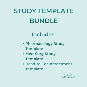 May include: A teal graphic with the words "STUDY TEMPLATE BUNDLE" at the top. Below, the text "Includes:" is followed by bullet points listing study templates for Pharmacology, Med-Surg, and Head-to-Toe Assessment. The Scrub Studies logo is in the bottom right.