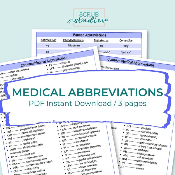 Medical Abbreviations | Nursing student study guides | Nursing notes | Nursing sheets | Digital Download