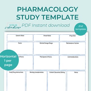 May include: A printable pharmacology study template with a blue border. The template is divided into sections for generic name, brand name, drug class, route, normal dosage range, mechanism of action, side effects, therapeutic effects, contraindications, food/drug interactions, nursing considerations, patient education/safety, and notes.