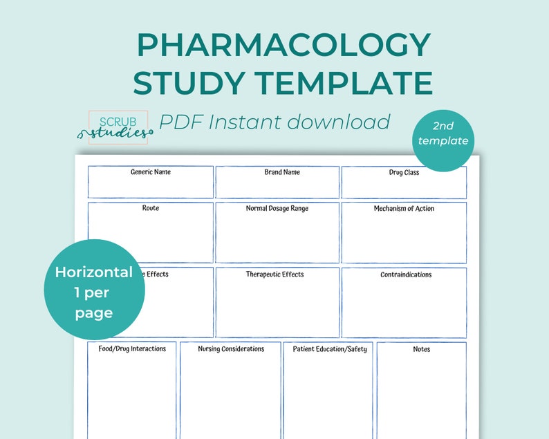 May include: A printable pharmacology study template with a blue border. The template is divided into sections for generic name, brand name, drug class, route, normal dosage range, mechanism of action, side effects, therapeutic effects, contraindications, food/drug interactions, nursing considerations, patient education/safety, and notes.