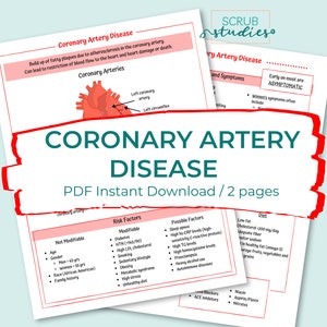 May include: A red illustration of the heart with coronary arteries highlighted. The text "Coronary Artery Disease" is in a red box with white text. The text "PDF Instant Download / 2 pages" is below the title. The page also includes a table with risk factors and possible factors for coronary artery disease.