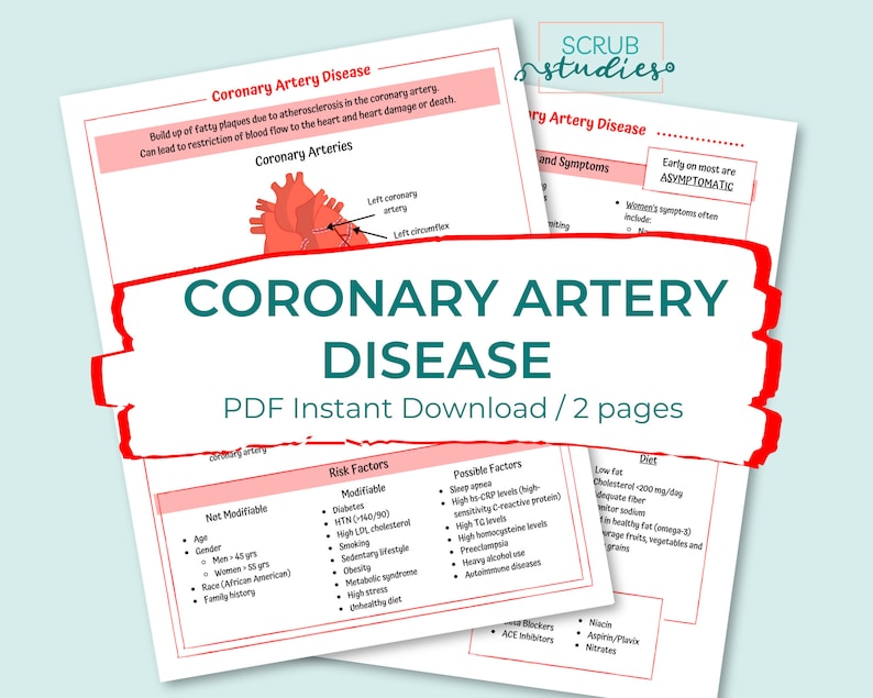 May include: A red illustration of the heart with coronary arteries highlighted. The text "Coronary Artery Disease" is in a red box with white text. The text "PDF Instant Download / 2 pages" is below the title. The page also includes a table with risk factors and possible factors for coronary artery disease.