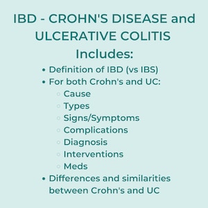 May include: A teal and white text-based infographic about Inflammatory Bowel Disease (IBD), Crohn's Disease, and Ulcerative Colitis. The infographic includes a definition of IBD, a comparison of Crohn's and Ulcerative Colitis, and a list of topics related to both diseases, including causes, types, signs and symptoms, complications, diagnosis, interventions, and medications.