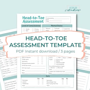 Peut inclure: Un modèle d'évaluation de la tête aux pieds imprimable au format PDF. Le modèle comprend des sections pour le niveau de conscience, l'état mental, les pupilles, les oreilles, et plus encore. Le modèle est conçu pour être utilisé par les professionnels de la santé lors de l'évaluation des patients.