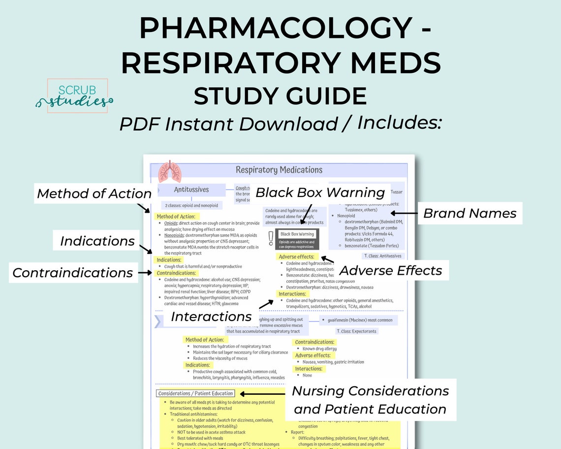 Pharmacology Respiratory Meds Nursing Student Study Guide - Etsy