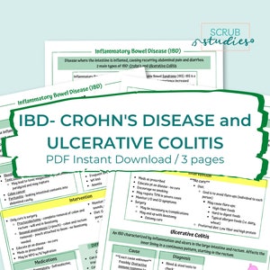 May include: A green and white infographic titled "IBD- Crohn's Disease and Ulcerative Colitis" with a PDF Instant Download / 3 pages subtitle. The infographic includes information about the causes, symptoms, diagnosis, and treatment of Crohn's disease and ulcerative colitis.