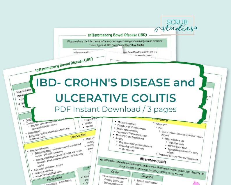 May include: A green and white infographic titled "IBD- Crohn's Disease and Ulcerative Colitis" with a PDF Instant Download / 3 pages subtitle. The infographic includes information about the causes, symptoms, diagnosis, and treatment of Crohn's disease and ulcerative colitis.