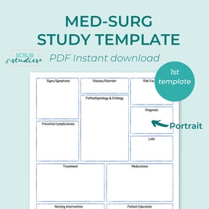 May include: A printable study template for medical-surgical nursing students. The template is divided into sections for signs and symptoms, disease or disorder, risk factors, pathophysiology and etiology, diagnosis, potential complications, labs, treatment, medications, nursing interventions, and patient education.