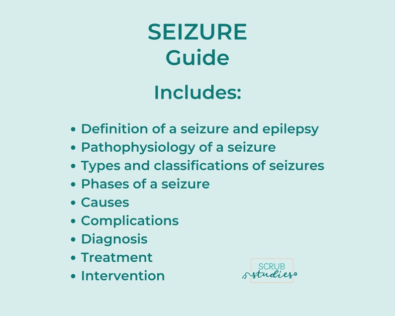 Op de afbeelding: Een tealblauwe grafiek met de tekst "SEIZURE Guide" en een lijst met onderwerpen die in de gids worden behandeld, waaronder "Definitie van een aanval en epilepsie", "Pathologie van een aanval", "Typen en classificaties van aanvallen", "Fasen van een aanval", "Oorzaken", "Complicaties", "Diagnose", "Behandeling" en "Interventie". De grafiek bevat ook de tekst "SCRUB studieso".