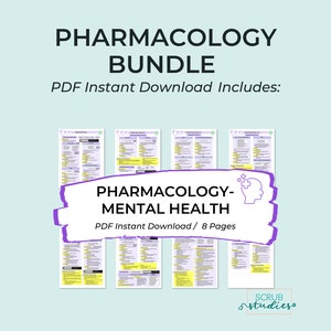 May include: A digital download bundle of 8 pages of pharmacology notes for mental health, with a purple and white graphic of a brain and a plus sign. The text "PHARMACOLOGY-MENTAL HEALTH" is in a white box with a purple outline. The text "PDF Instant Download/8 Pages" is below the title.