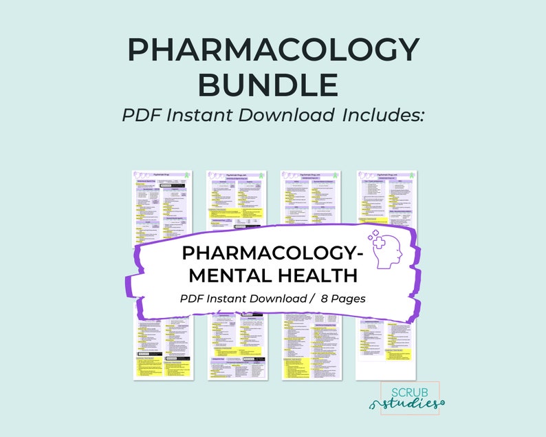May include: A digital download bundle of 8 pages of pharmacology notes for mental health, with a purple and white graphic of a brain and a plus sign. The text "PHARMACOLOGY-MENTAL HEALTH" is in a white box with a purple outline. The text "PDF Instant Download/8 Pages" is below the title.