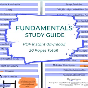 Puede incluir: Un gráfico azul y morado con el texto "Fundamentals Study Guide" y "PDF Descarga instantánea 30 páginas en total!" El gráfico se superpone a un fondo blanco con una lista de temas relacionados con los fundamentos de enfermería.