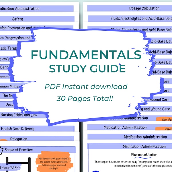 Fundamentals Study Guide | Nursing student | Digital Download | Medication Administration | Fluids | IV Therapy | Dosage Calculations