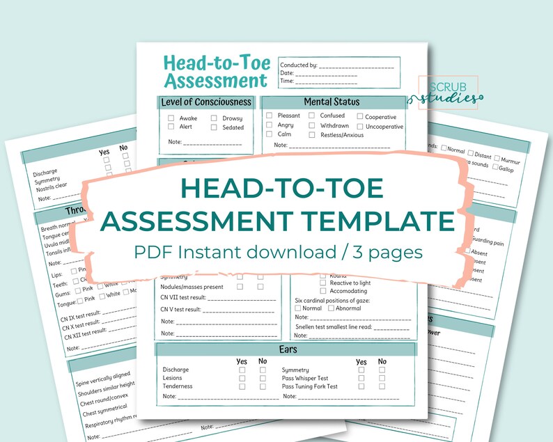 May include: A printable "Head-to-Toe Assessment Template" in PDF format. The template features sections for assessing level of consciousness, mental status, and physical examinations. The design is in shades of white and light teal, with the text "Head-to-Toe Assessment Template" prominently displayed.