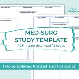 May include: Two-page Med-Surg study template in portrait and horizontal formats. The template includes sections for signs/symptoms, disease/disorder, risk factors, potential complications, and treatment. The text "MED-SURG STUDY TEMPLATE" is displayed in large, teal letters.