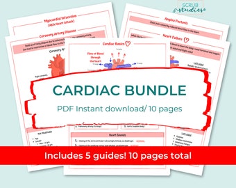 May include: A red and white illustration of a heart with the text "Cardiac Bundle" in a green box with a red border. The text "PDF Instant download/10 pages" is below the green box. The text "Includes 5 guides! 10 pages total" is in a red box at the bottom of the image.