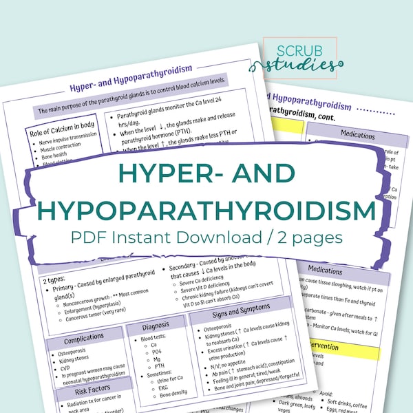 Hyper- and Hypoparathyroidism | Nursing study guide | Digital Download | Nursing study sheet | Nursing study notes