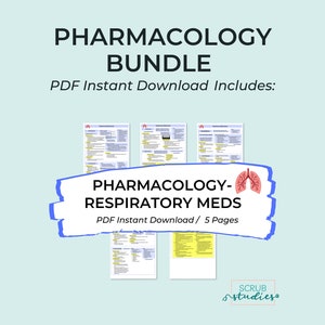 May include: A digital download bundle of printable pharmacology study guides for respiratory medications. The bundle includes five pages of information and is available for instant download. The image features a graphic of lungs and the text "PHARMACOLOGY-RESPIRATORY MEDS".