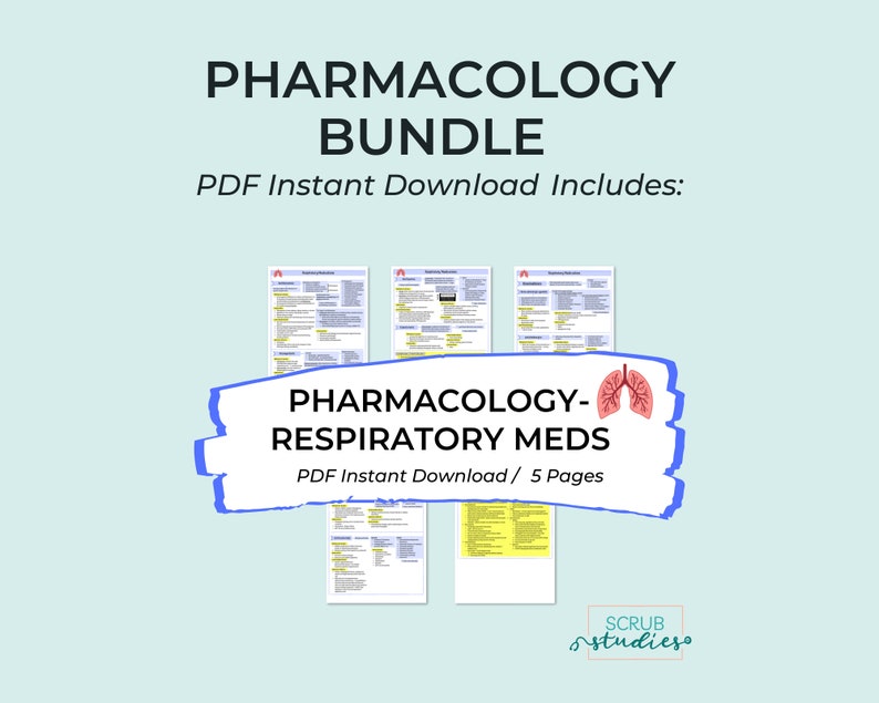May include: A digital download bundle of printable pharmacology study guides for respiratory medications. The bundle includes five pages of information and is available for instant download. The image features a graphic of lungs and the text "PHARMACOLOGY-RESPIRATORY MEDS".