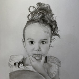 May include: A detailed pencil portrait of a young child with curly hair styled up. The child is looking directly at the viewer, with their hand gently touching their chin. The portrait is in grayscale, with soft shading and highlights.
