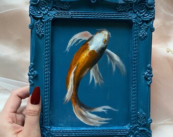 Fish ORIGINAL Oil Painting, Walldecor Oil painting of little cute fish Animal Painting, Framed oil painting by Nesibe Bicici