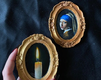 Set of 2 framed oil paintings of Candle and Mona Lisa Original oil painting on small frame , Small Oil painting miniature  by Nesibe Bicici