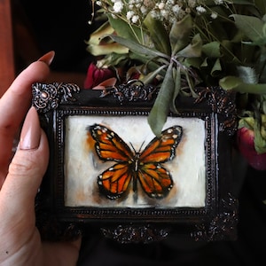 Framed Butterfly Oil Painting: Gothic Dark Academia Art (12x8 cm)