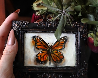 Framed Butterfly Oil Painting: Gothic Dark Academia Art (12x8 cm)