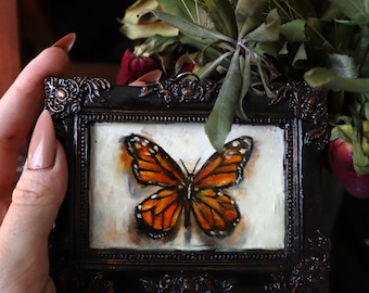 Original Small Butterfly Oil Painting FRAMED , Small Oil painting miniature, Small framed art  by Nesibe Bicici