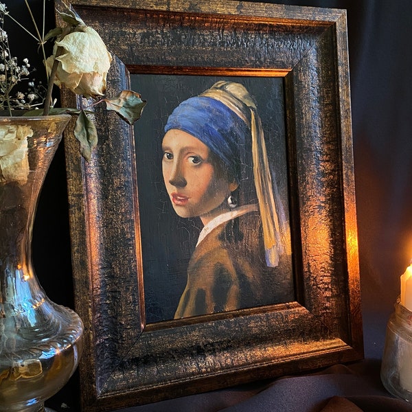 Peinture à l'huile de Vermeer portrait encadrée, reproduction de qualité musée de la jeune fille à la perle Johannes Vermeer par Nesibe Bicici