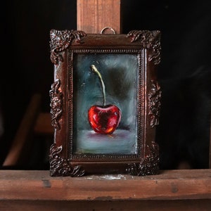 Original Cherry Oil Painting: Small Framed Still Life (10x6cm)