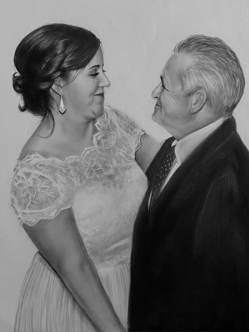 May include: A black and white pencil drawing of a couple, likely a bride and groom, looking at each other. The woman wears a wedding dress with lace sleeves and a long skirt. The man is in a suit and tie. The drawing is detailed and realistic.