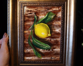 Original Lemon Painting, Lemon Kitchen Painting, Gold Framed Wall Art