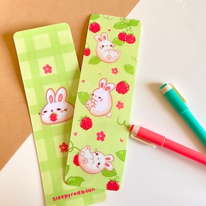 Springtime Bunnies and Raspberries green laminated double sided bookmark image 1