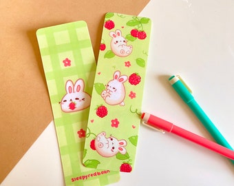 Springtime Bunnies and Raspberries | green laminated double sided bookmark