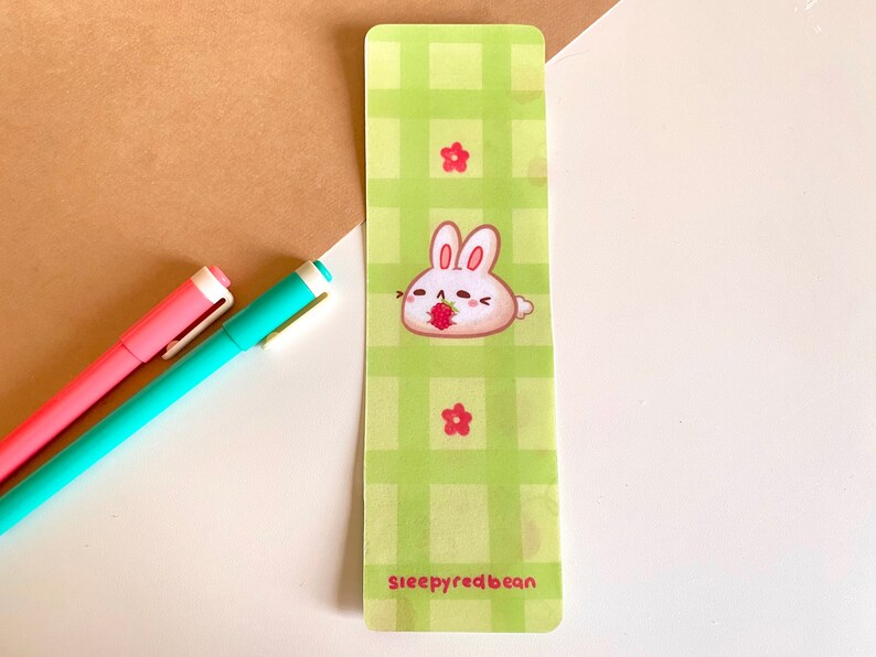 Springtime Bunnies and Raspberries green laminated double sided bookmark image 4