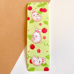 Springtime Bunnies and Raspberries green laminated double sided bookmark image 5