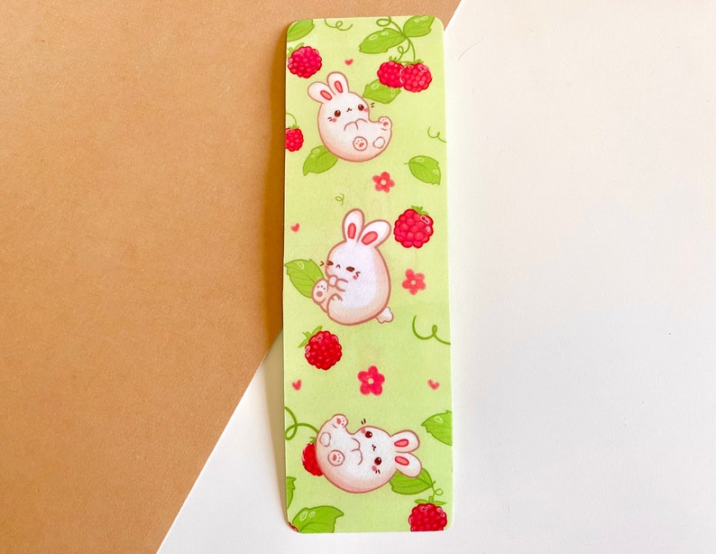 Springtime Bunnies and Raspberries green laminated double sided bookmark image 5