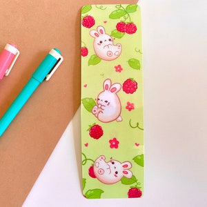 Springtime Bunnies and Raspberries green laminated double sided bookmark image 3