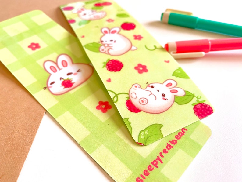 Springtime Bunnies and Raspberries green laminated double sided bookmark image 2