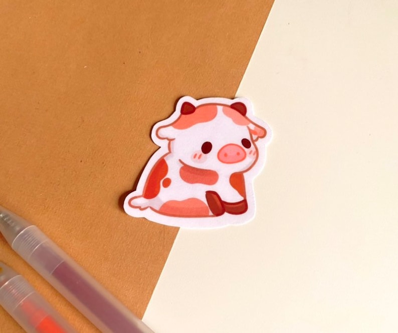 chonky sitting brown cow vinyl sticker Laminated die-cut stickers journal laptop sticker planner unique cute animal image 1