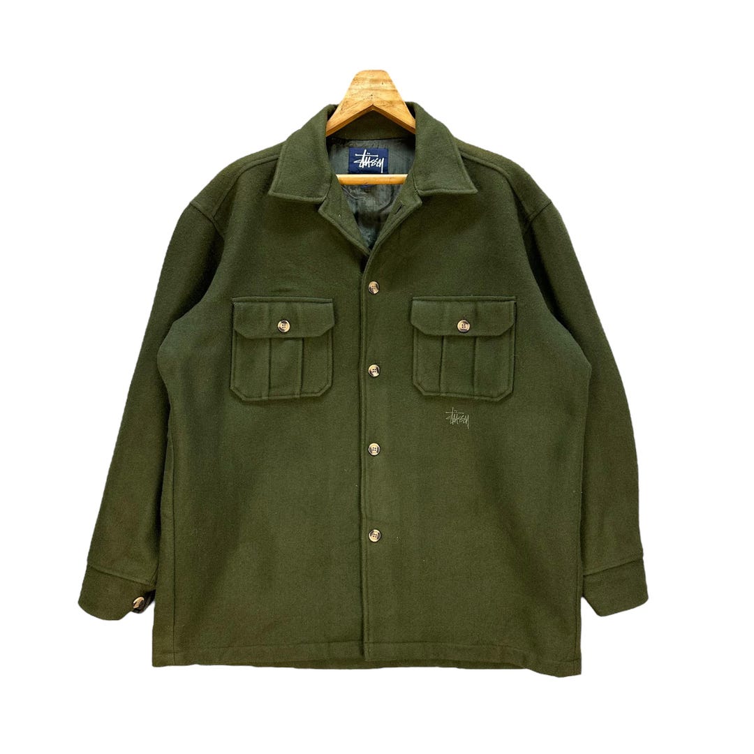 Vintage 90's STUSSY Workwear Green Wool Flannel Jacket Size