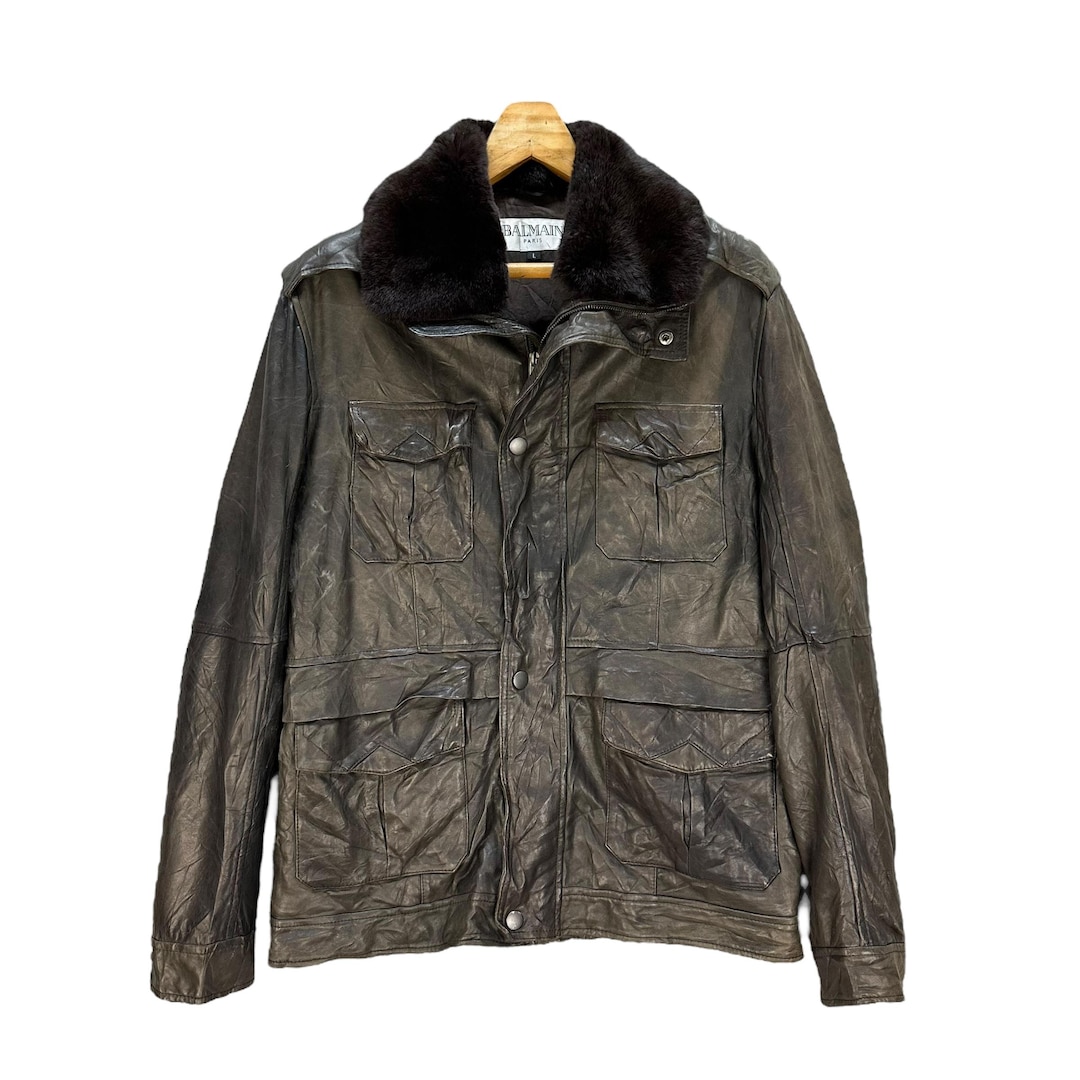 Vintage BALMAIN Fur Neck Sheepskin Leather Jacket Size L #A65-1548