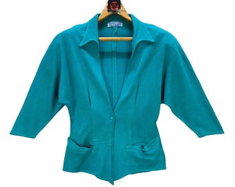 Vintage 80's THIERRY MUGLER Teal Knit Single Button Sweater Jacket Women's Size M #7573-154