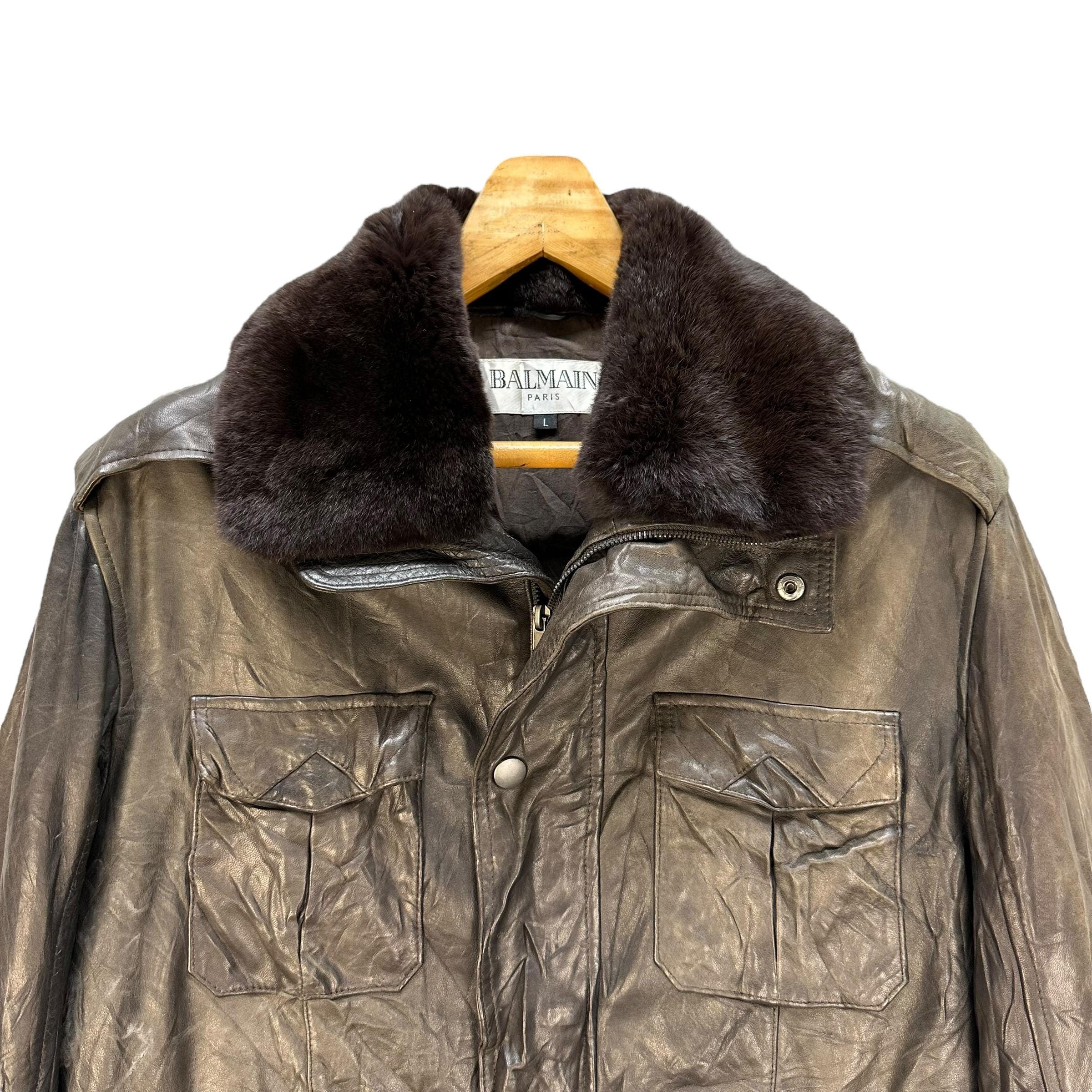 Vintage BALMAIN Fur Neck Sheepskin Leather Jacket Size L #A65-1548