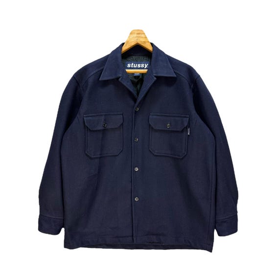 Vintage 90's STUSSY Workwear Navy Blue Wool Flannel Jacket Size L