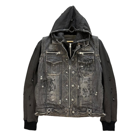 Vintage IN THE ATTIC Denim Hoodie Jacket: Distressed Punk Vintage IN THE ATTIC Denim Hoodie Jacket: Distressed Punk