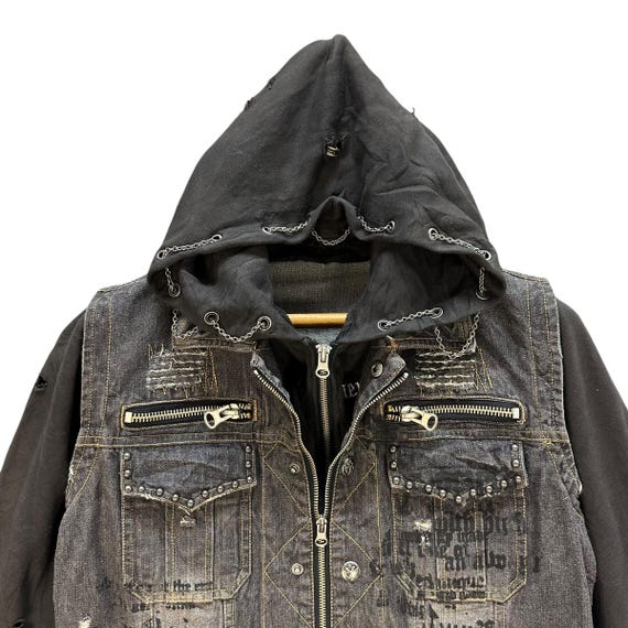 Vintage IN THE ATTIC Denim Hoodie Jacket: Distressed Punk Vintage IN THE ATTIC Denim Hoodie Jacket: Distressed Punk