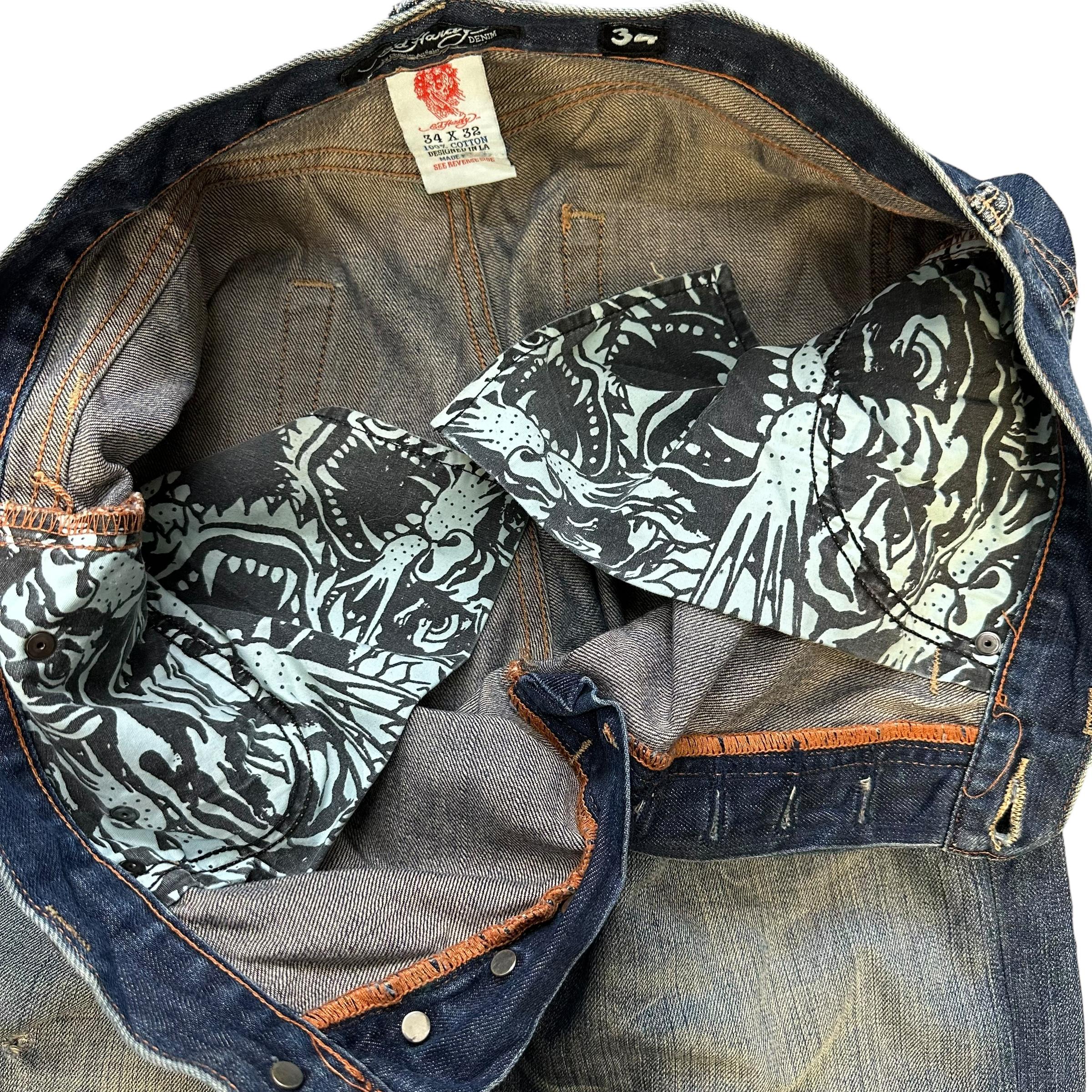 【新品タグ付き】Ed Hardy刺繍デニムパンツ サイズ34 ヴィンテージ エド・ハーディー 刺繍入りデニムパンツ、サイズ34