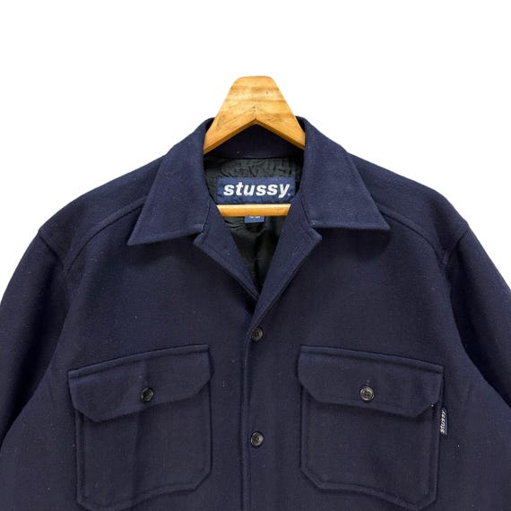 Vintage 90's STUSSY Workwear Navy Blue Wool Flannel Jacket Size L